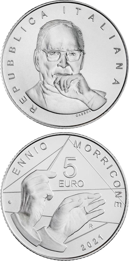 Image of 5 euro coin - Ennio Morricone | Italy 2021.  The Silver coin is of Proof quality.