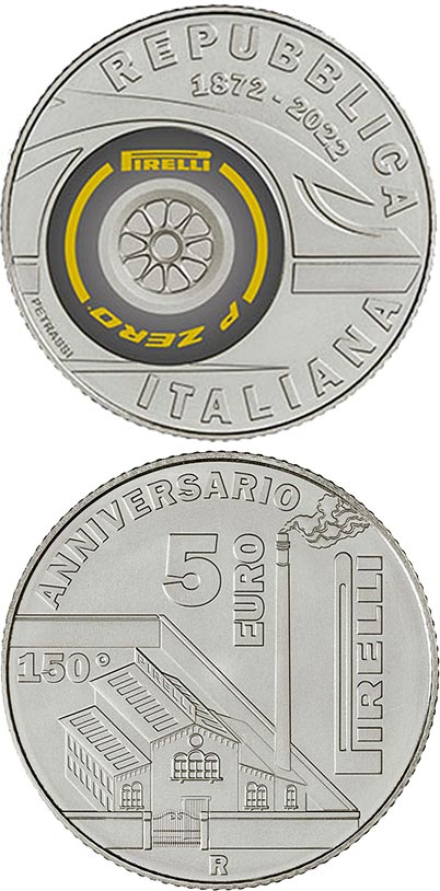 Image of 5 euro coin - 150th Anniversary of the foundation of Pirelli | Italy 2022.  The Silver coin is of BU quality.