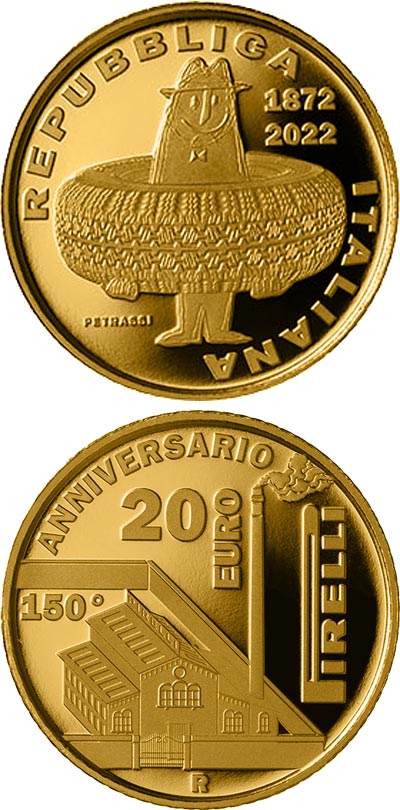 Image of 20 euro coin - 150th Anniversary of the foundation of Pirelli | Italy 2022.  The Gold coin is of Proof quality.