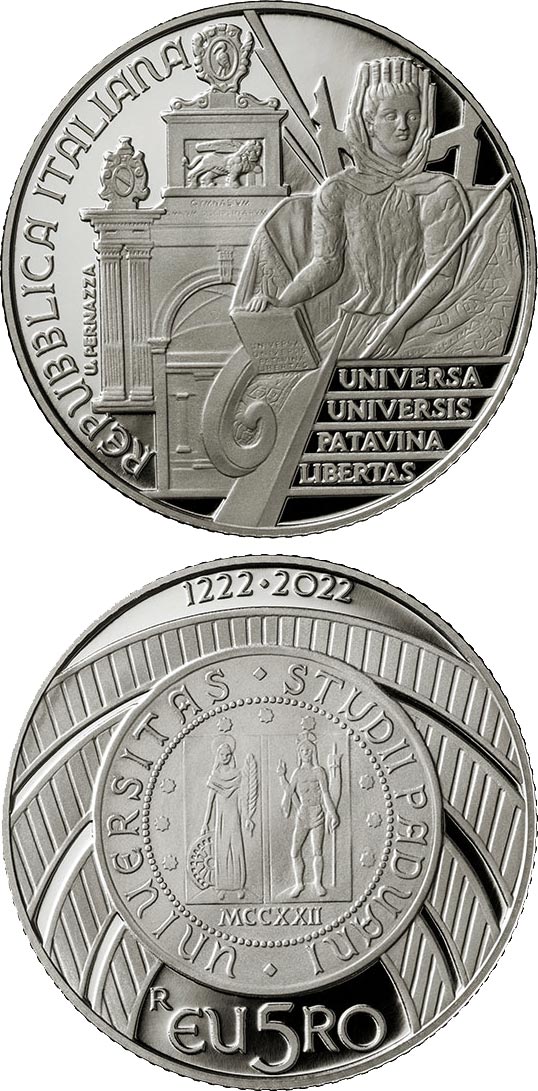 Image of 5 euro coin - 800th Anniversary of the foundation
of the University of Padua | Italy 2022.  The Silver coin is of Proof quality.