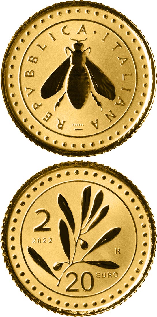 Image of 20 euro coin - The re-edition of the Lira | Italy 2022.  The Gold coin is of Proof quality.