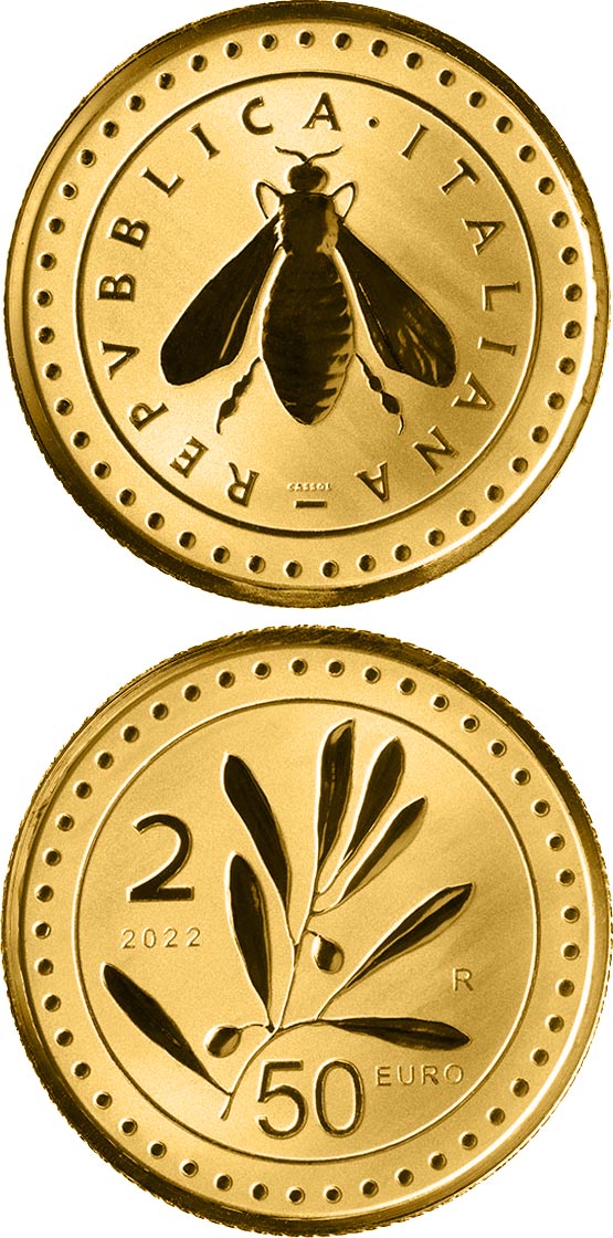 Image of 50 euro coin - The re-edition of the Lira | Italy 2022.  The Gold coin is of Proof quality.