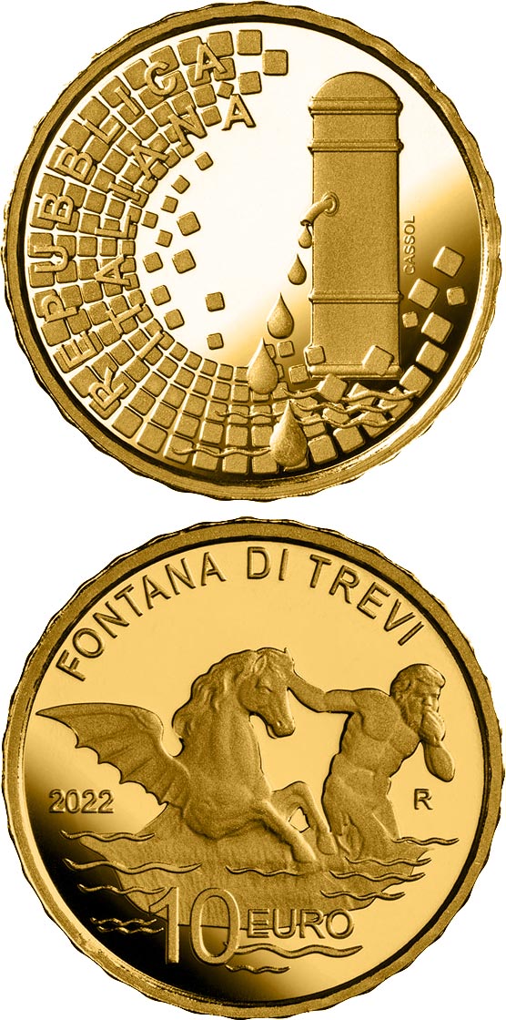 Image of 10 euro coin - Fontana di Trevi | Italy 2022.  The Gold coin is of Proof quality.