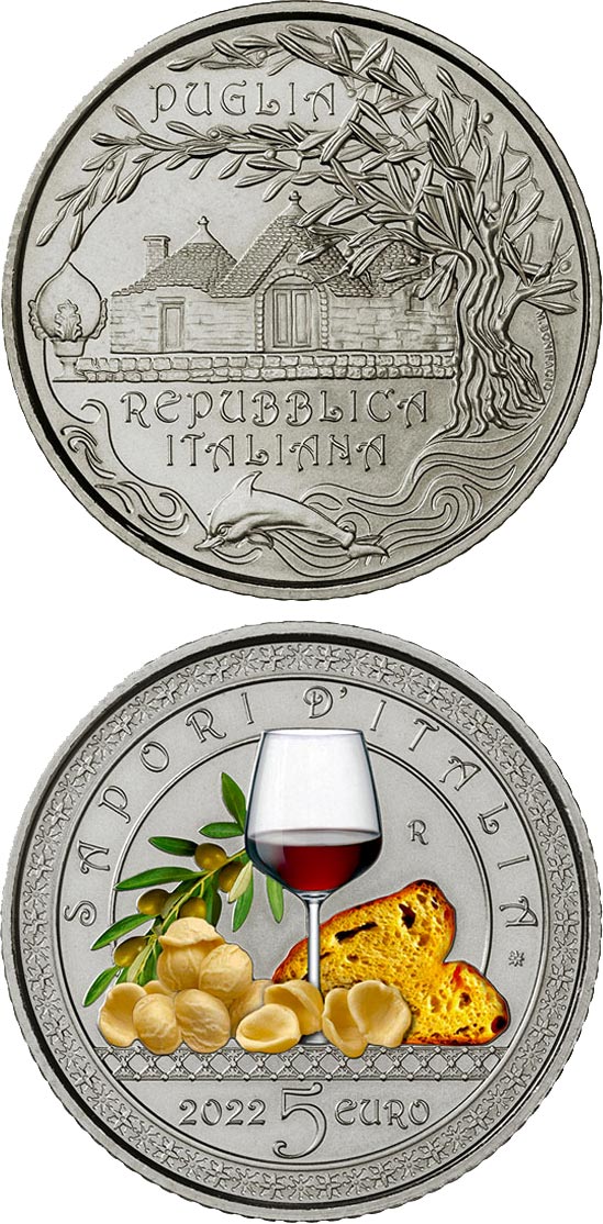 Image of 5 euro coin - Primitivo and Orecchiette | Italy 2022.  The Copper–Nickel (CuNi) coin is of BU quality.