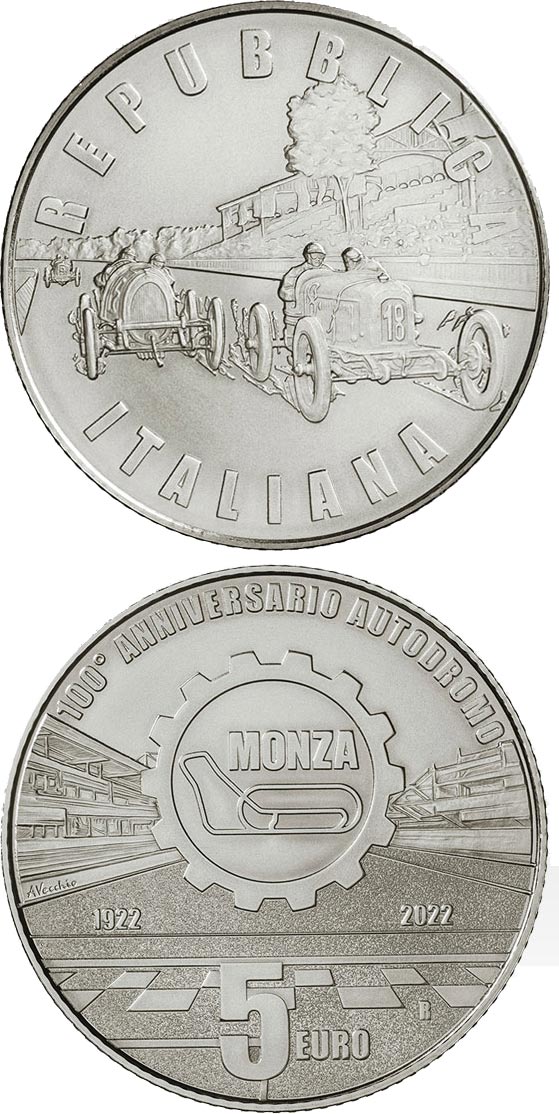 Image of 5 euro coin - 100 th Anniversary
of the Autodromo Nazionale Monza | Italy 2022.  The Silver coin is of BU quality.