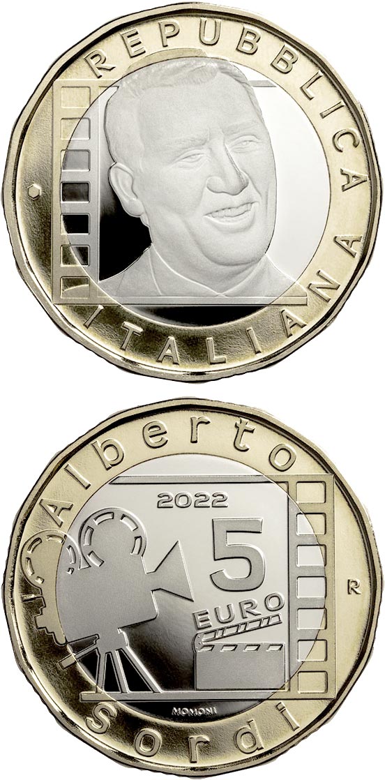 Image of 5 euro coin - Alberto Sordi | Italy 2022.  The Bimetal: CuNi, nordic gold coin is of Proof quality.