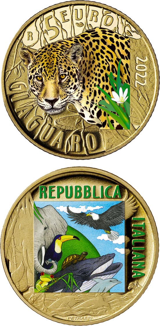 Image of 5 euro coin - Jaguar | Italy 2022.  The Bronze coin is of Proof quality.