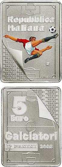 Image of 5 euro coin - Panini stickers | Italy 2022.  The Silver coin is of BU quality.