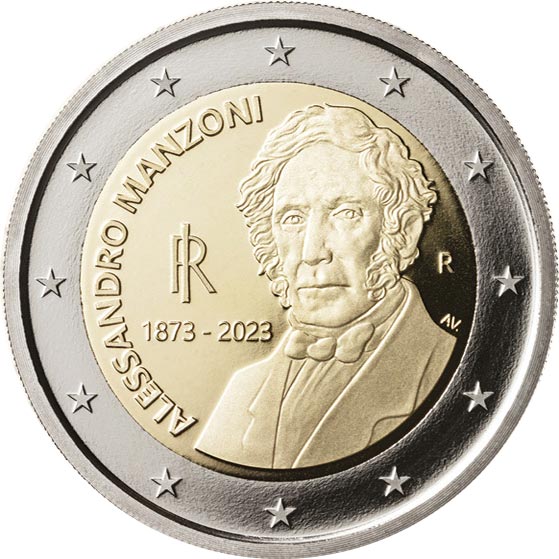 Image of 2 euro coin - 150th Anniversary of the Death of Alessandro Manzoni | Italy 2023