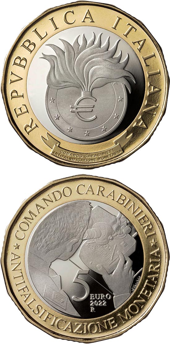Image of 5 euro coin - 30th Anniversary of the foundation of
the Carabinieri Monetary
Anti-counterfeiting Command | Italy 2022.  The Bimetal: CuNi, nordic gold coin is of Proof quality.