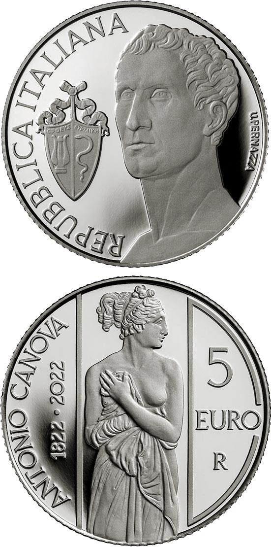 Image of 5 euro coin - 200th Anniversary of the death
of Antonio Canova | Italy 2022.  The Silver coin is of Proof quality.