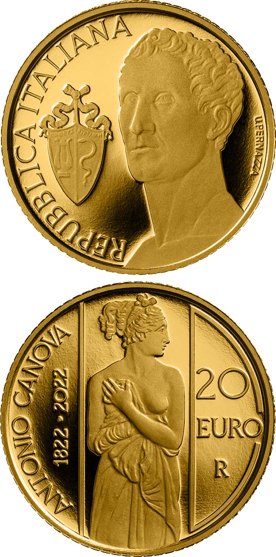 Image of 20 euro coin - 200th Anniversary of the death
of Antonio Canova | Italy 2022.  The Gold coin is of Proof quality.