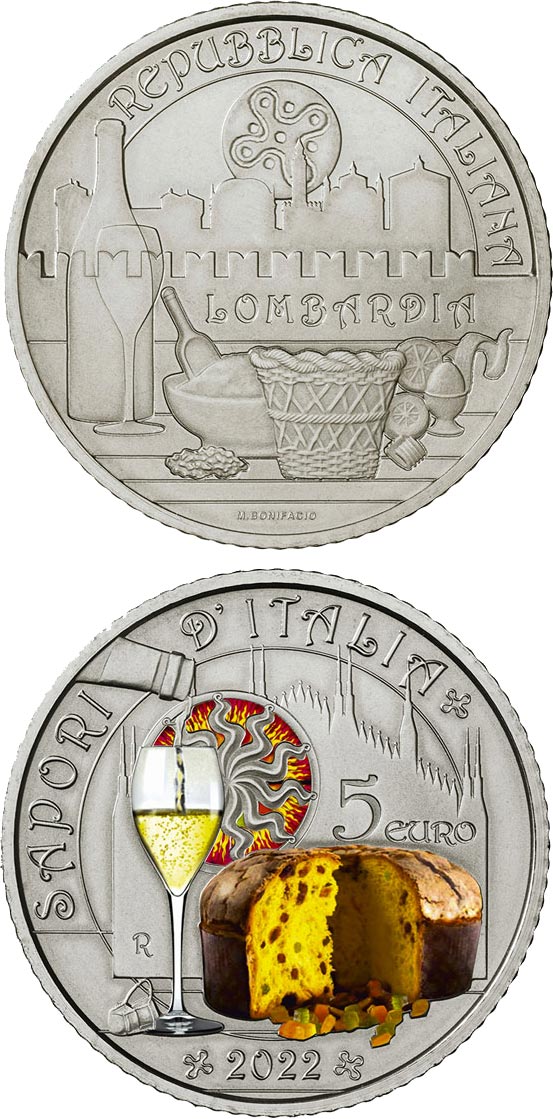 Image of 5 euro coin - Franciacorta and Panettone | Italy 2022.  The Copper–Nickel (CuNi) coin is of BU quality.