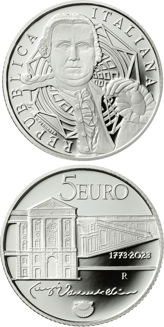 Image of 5 euro coin - 250th Anniversary of the death of Luigi Vanvitelli | Italy 2023.  The Silver coin is of Proof quality.
