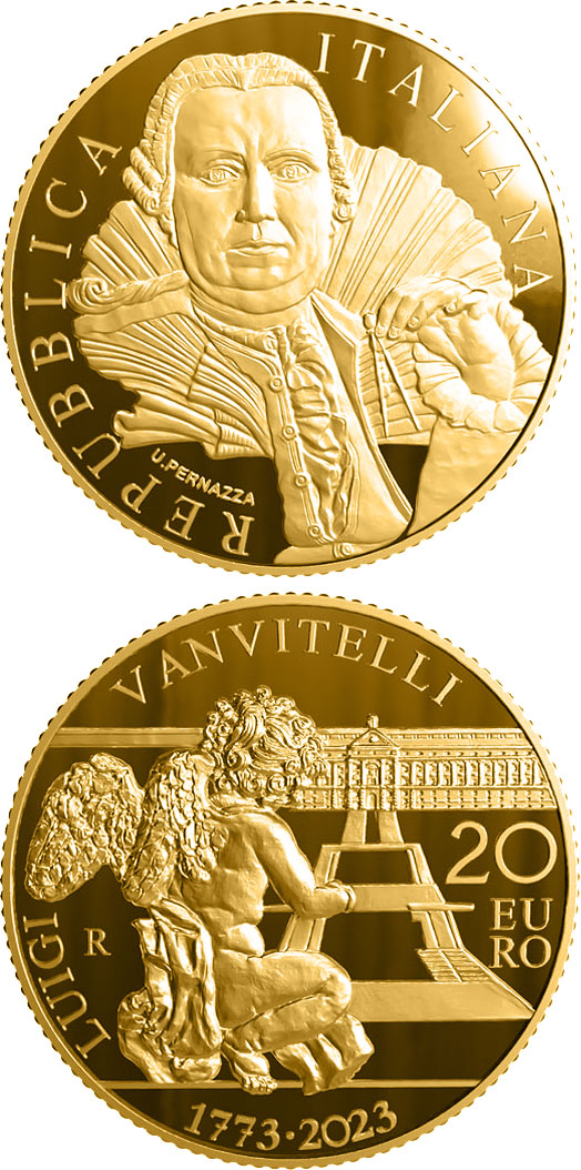 Image of 20 euro coin - 250th Anniversary of the death of Luigi Vanvitelli | Italy 2023.  The Gold coin is of Proof quality.