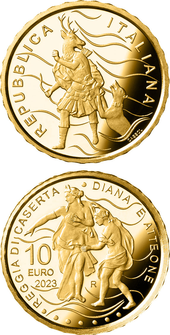 Image of 10 euro coin - Fountain of Diana and Actaeon | Italy 2023.  The Gold coin is of Proof quality.