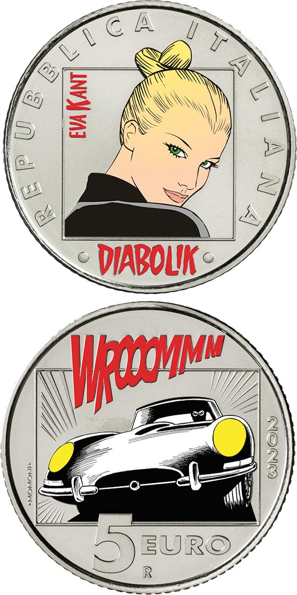 Image of 5 euro coin - Diabolik – EVA KANT | Italy 2023.  The Copper–Nickel (CuNi) coin is of BU quality.