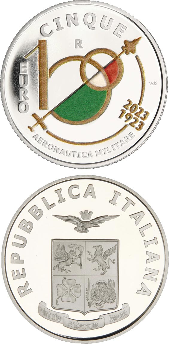 Image of 5 euro coin - Centenary of the Italian Air Force | Italy 2023.  The Silver coin is of Proof quality.