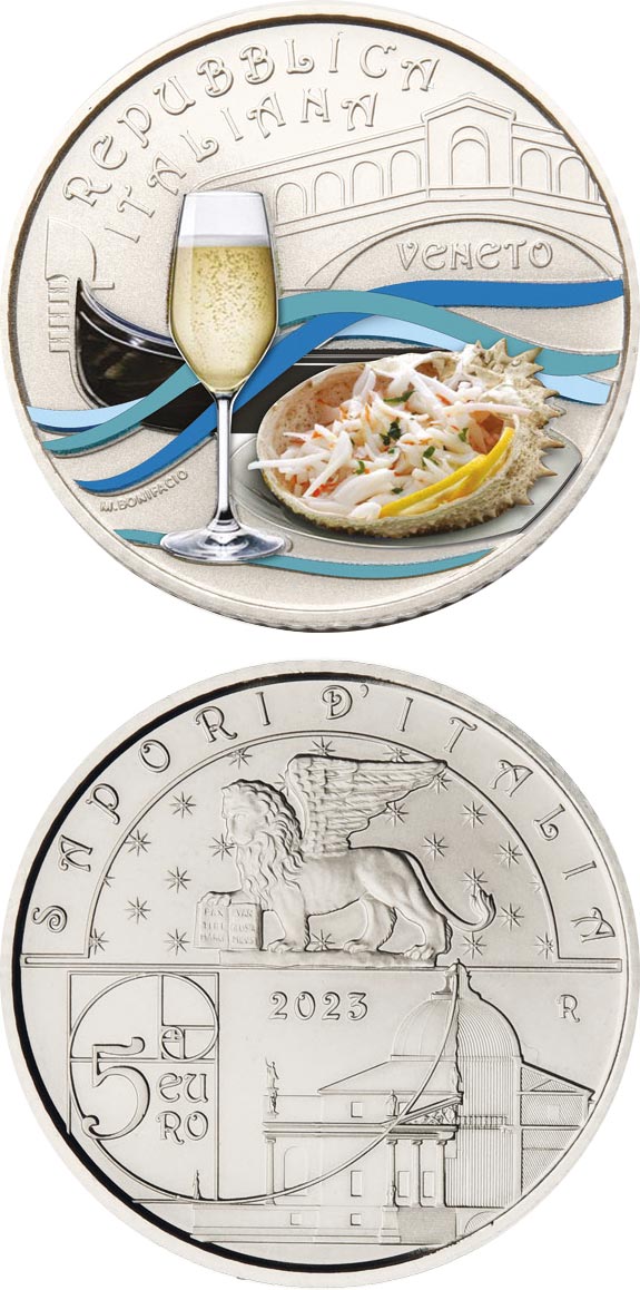 Image of 5 euro coin - Prosecco and Spider Crabs | Italy 2023.  The Copper–Nickel (CuNi) coin is of BU quality.