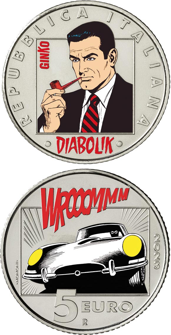 Image of 5 euro coin - Diabolik - GINKO | Italy 2023.  The Copper–Nickel (CuNi) coin is of BU quality.