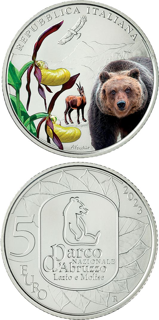 Image of 5 euro coin - 100 Years since the establishment of the National Park of Abruzzo, Lazio and Molise | Italy 2023.  The Silver coin is of BU quality.