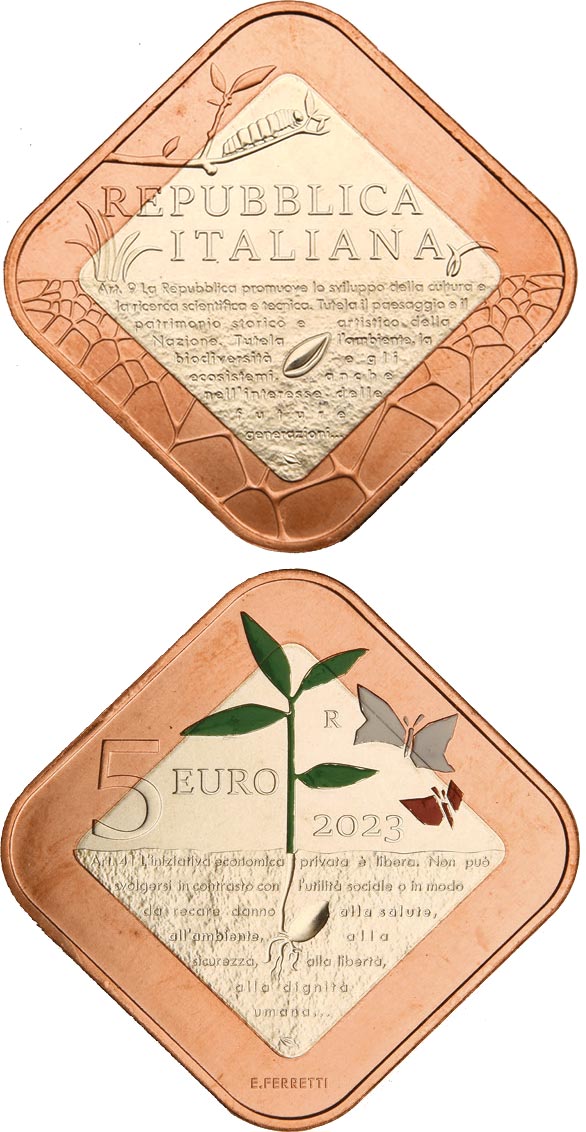 Image of 5 euro coin - Environmental protection in the Italian Constitution | Italy 2023.  The Silver coin is of BU quality.