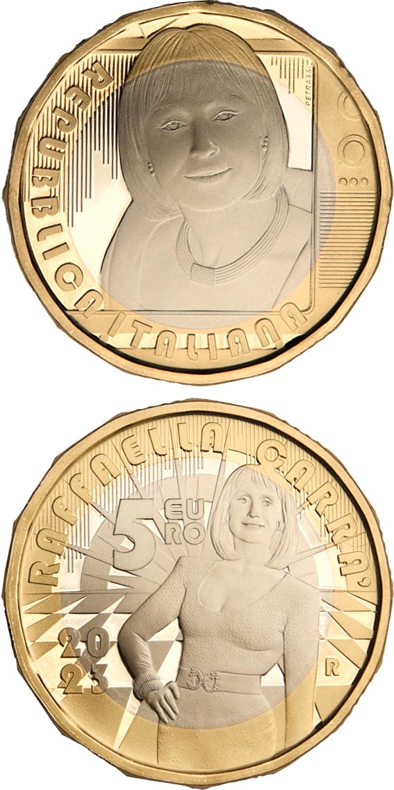 Image of 5 euro coin - Great Italian Artists - Raffaella Carrà | Italy 2023.  The Bimetal: CuNi, nordic gold coin is of Proof quality.