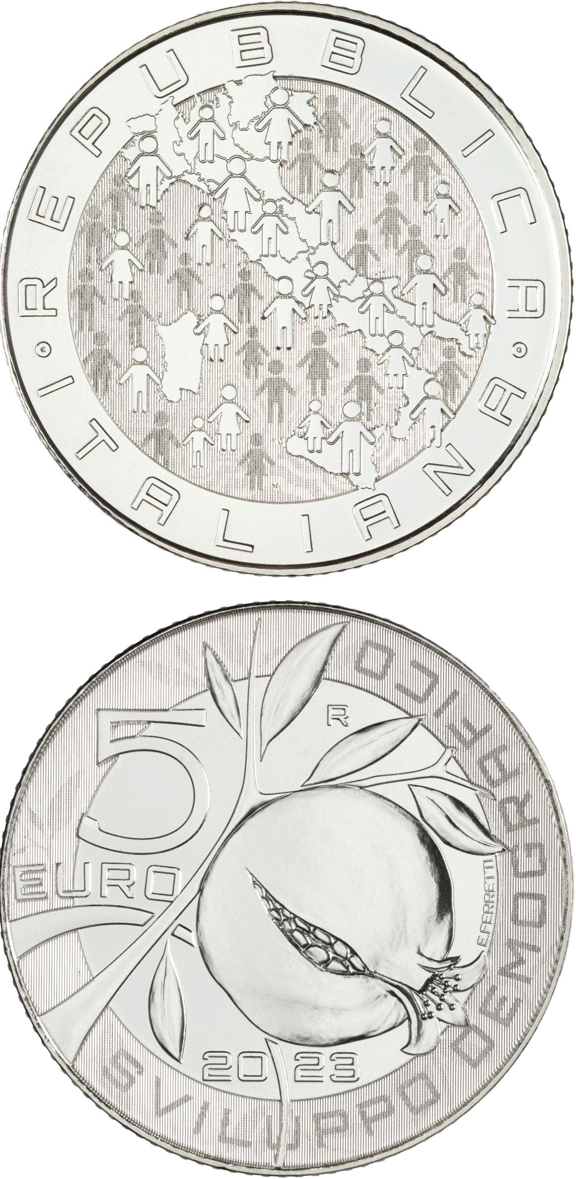 Image of 5 euro coin - Demographic Development | Italy 2023.  The Silver coin is of BU quality.