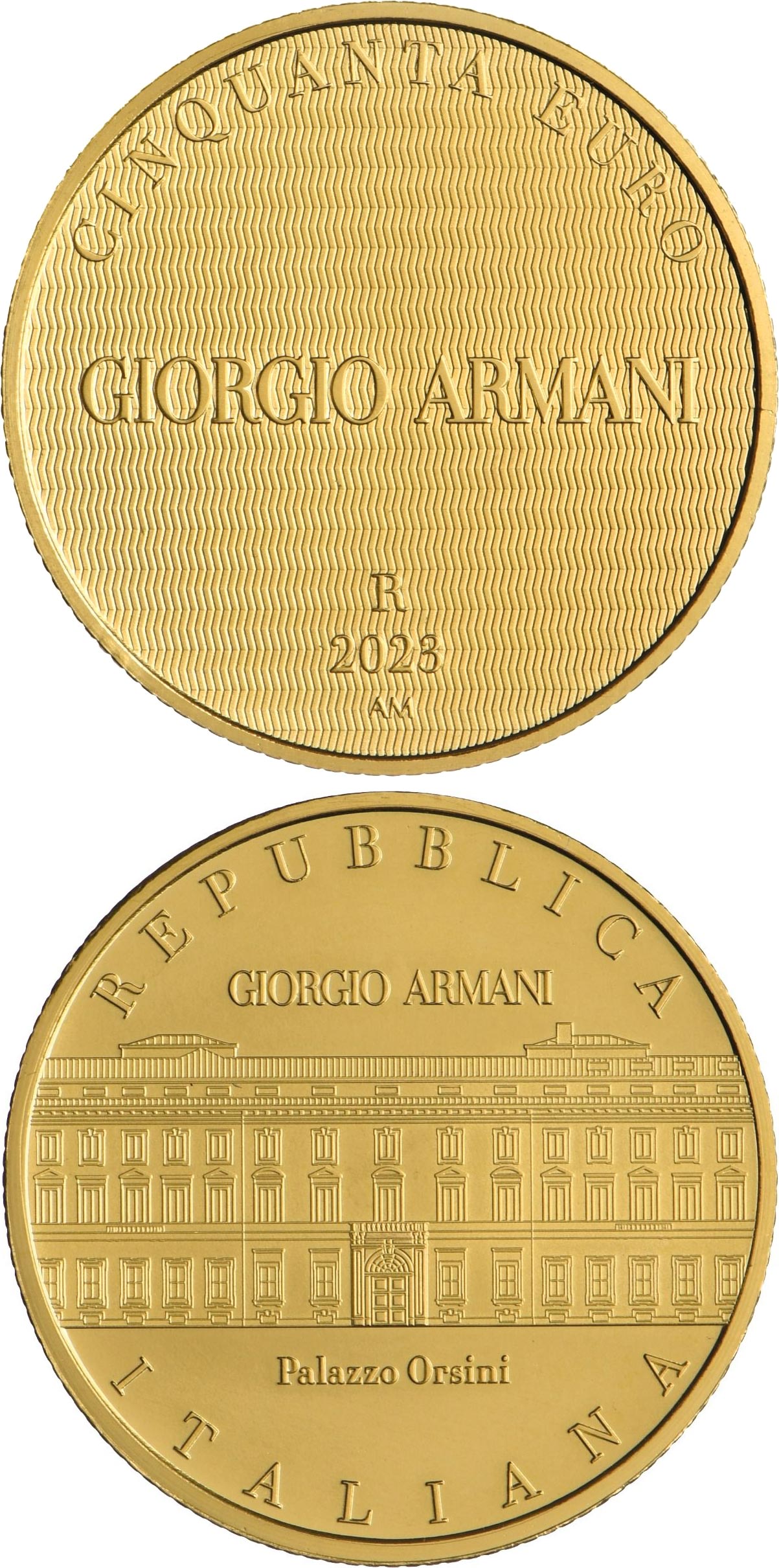 Image of 50 euro coin - Italian Excellences Series – Giorgio Armani | Italy 2023.  The Gold coin is of BU quality.