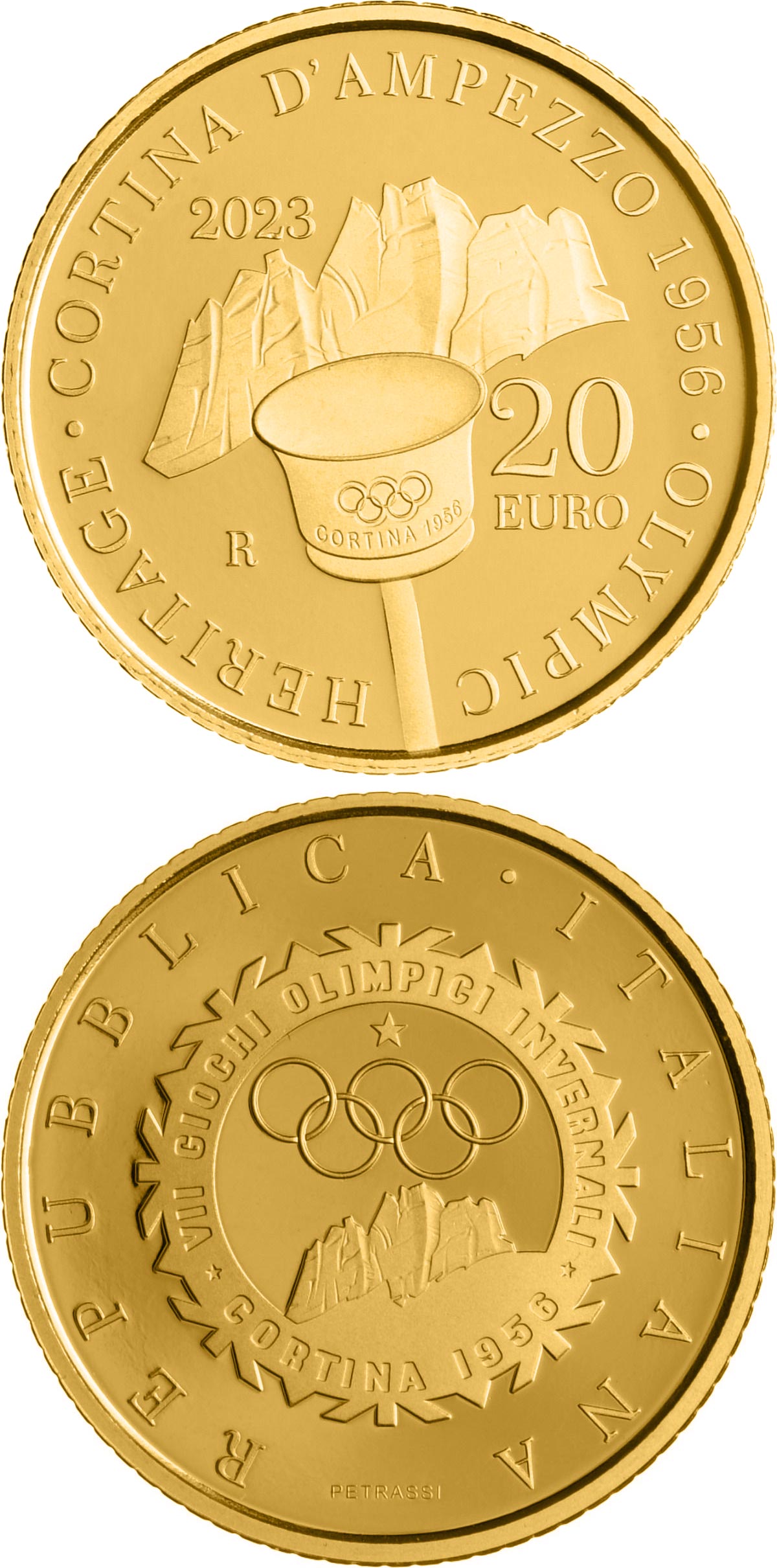 Image of 20 euro coin - The History of the Olympic Games in Italy: Cortina 1956 | Italy 2023.  The Gold coin is of Proof quality.