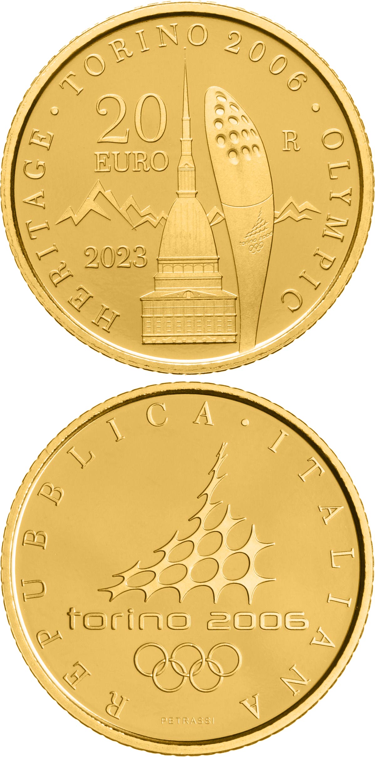 Image of 20 euro coin - The History of the Olympic Games in Italy: Turin 2006 | Italy 2023.  The Gold coin is of Proof quality.