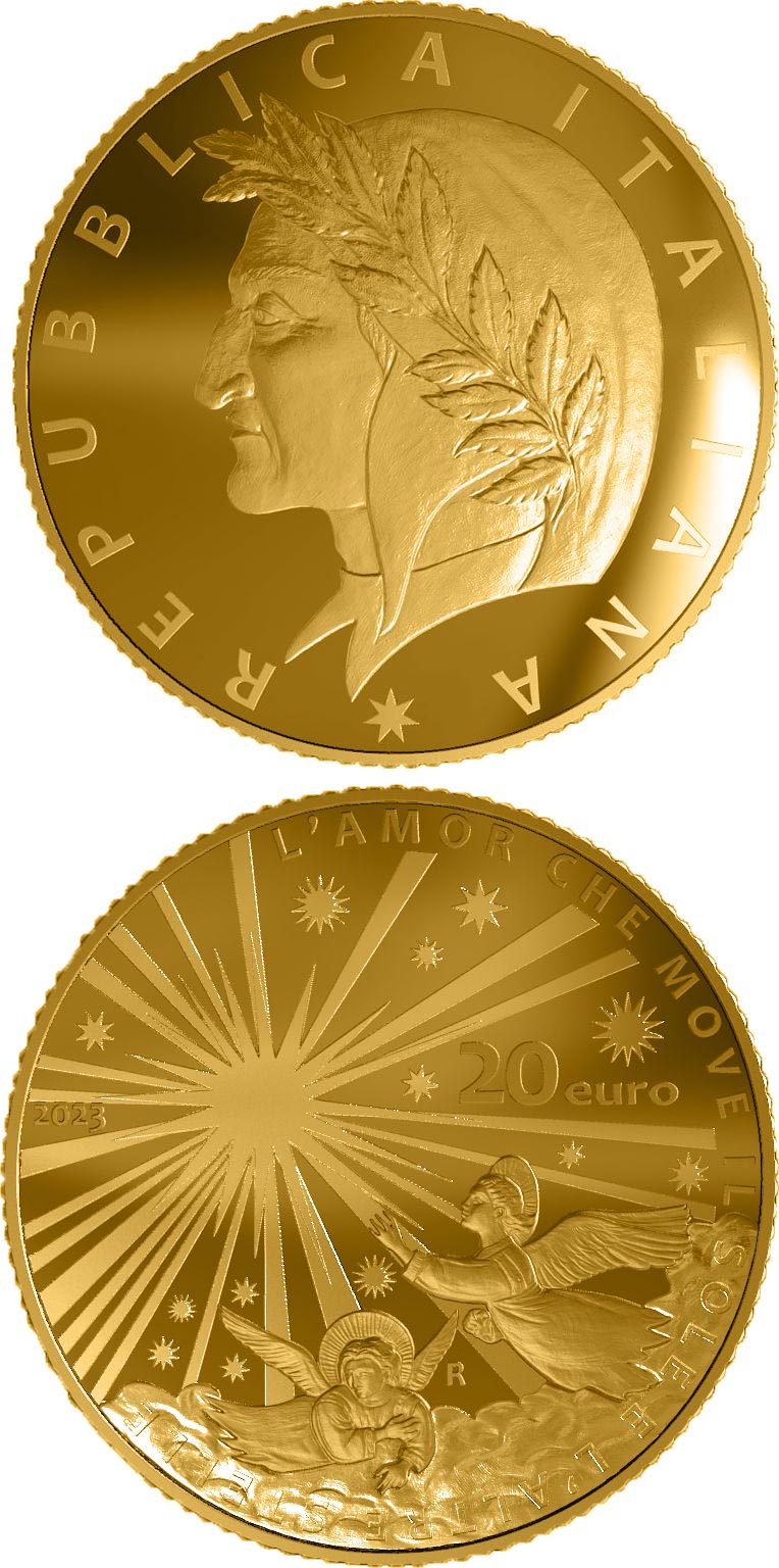 Image of 20 euro coin - 700th Anniversary of the death
of Dante Alighieri - Paradise | Italy 2023.  The Gold coin is of Proof quality.