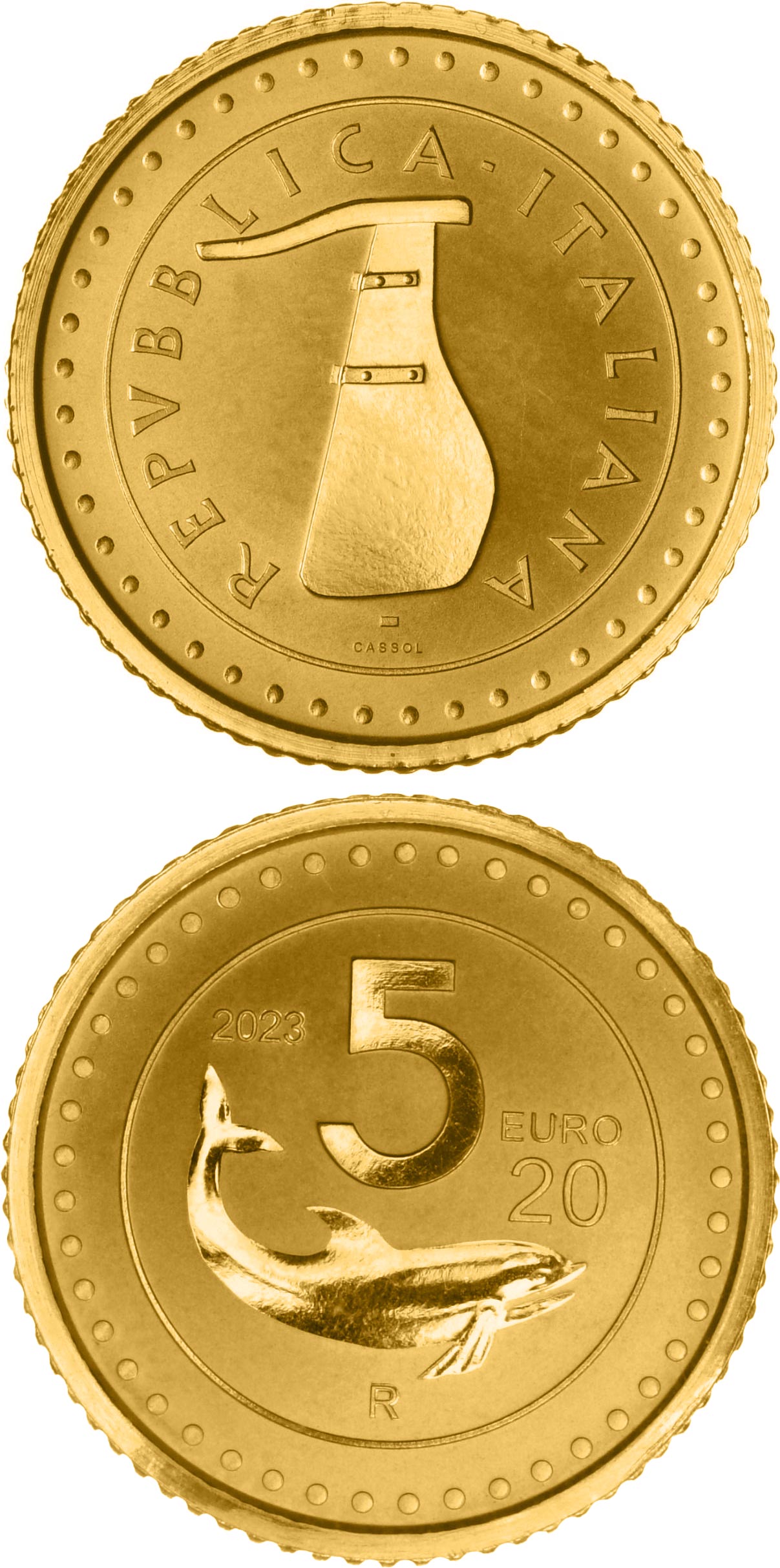 Image of 20 euro coin - The re-edition of the Lira | Italy 2023.  The Gold coin is of Proof quality.