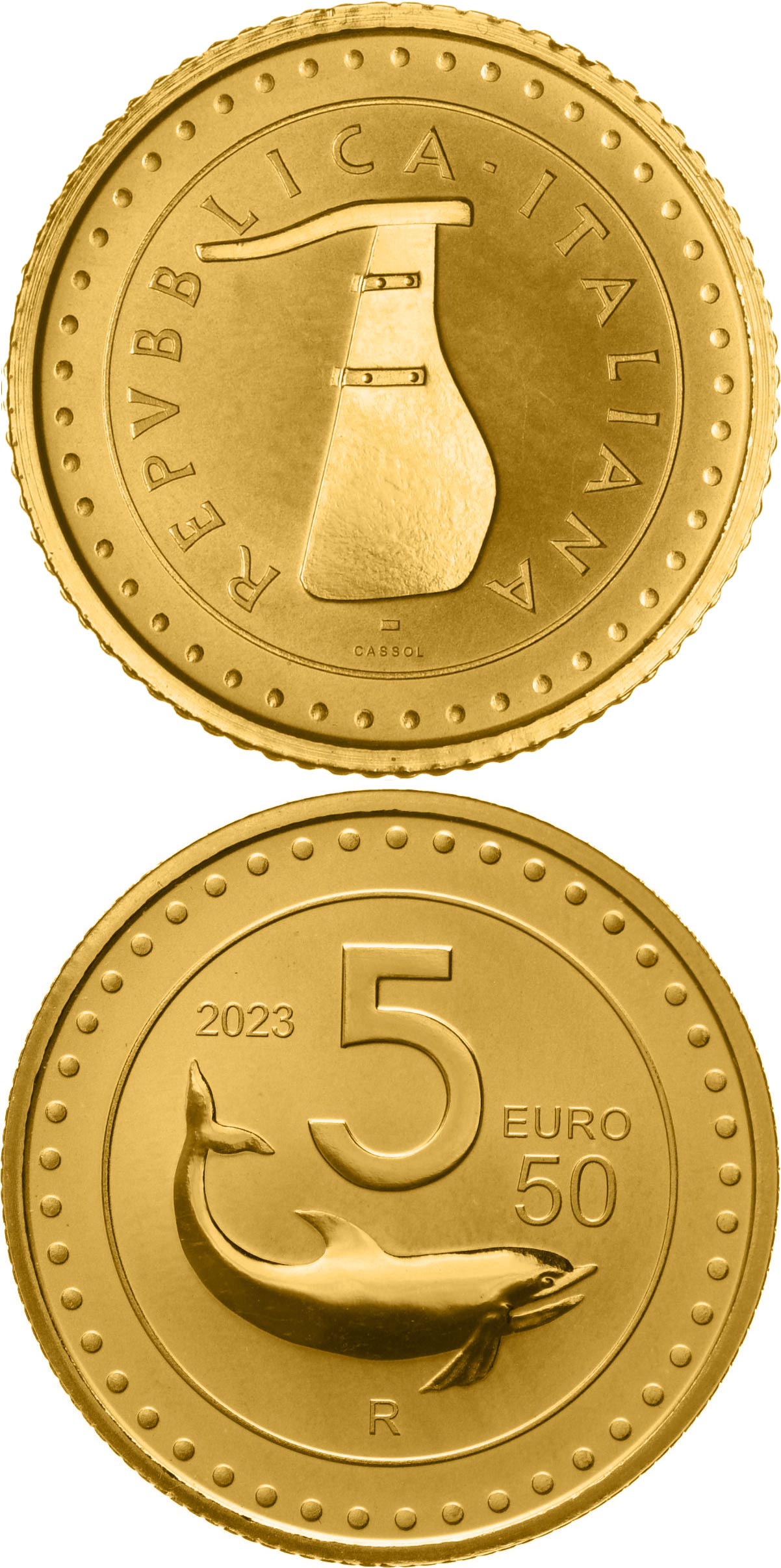 Image of 50 euro coin - The re-edition of the Lira | Italy 2023.  The Gold coin is of Proof quality.