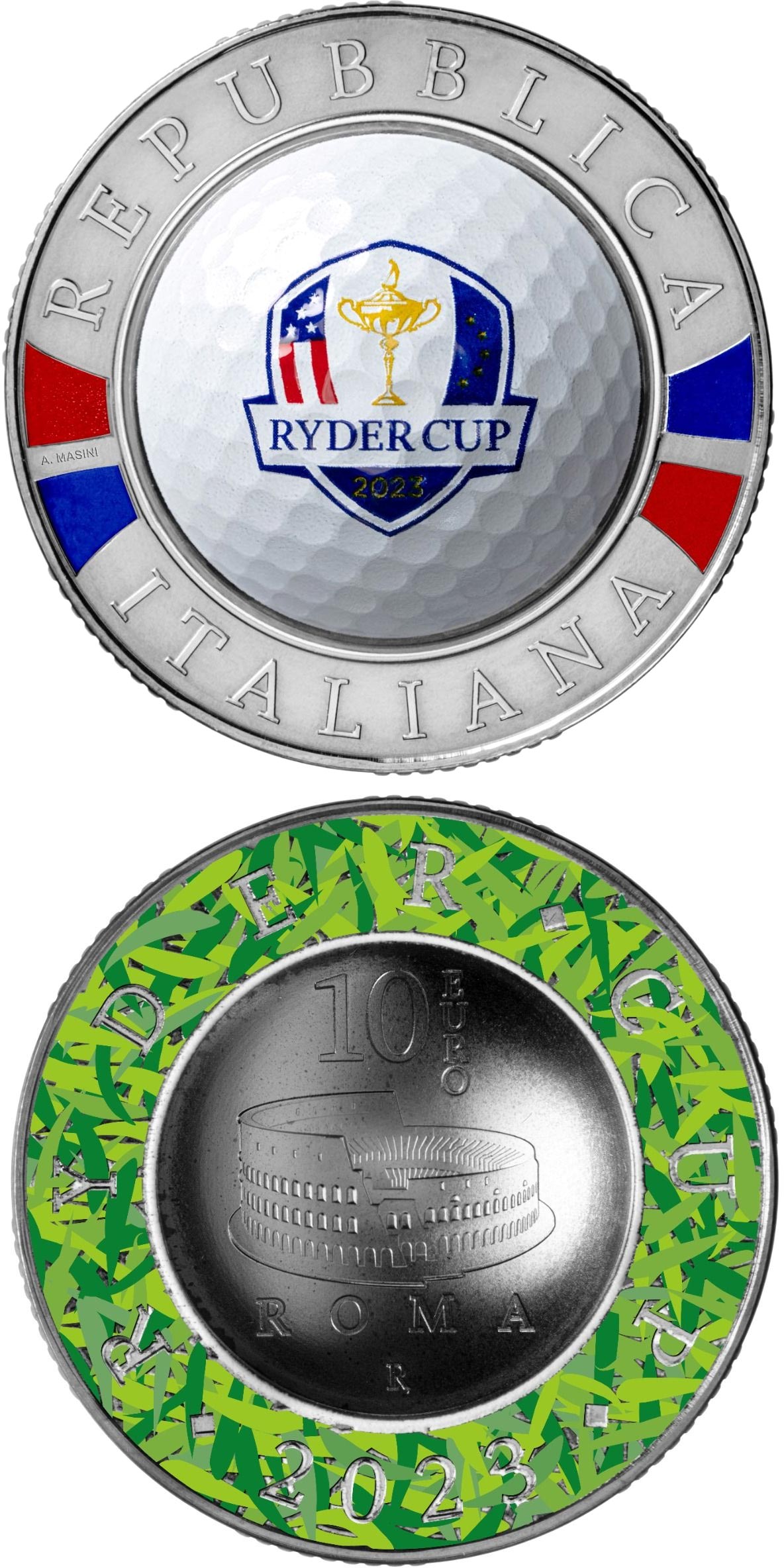 Image of 10 euro coin - Ryder Cup 2023 | Italy 2023.  The Silver coin is of BU quality.