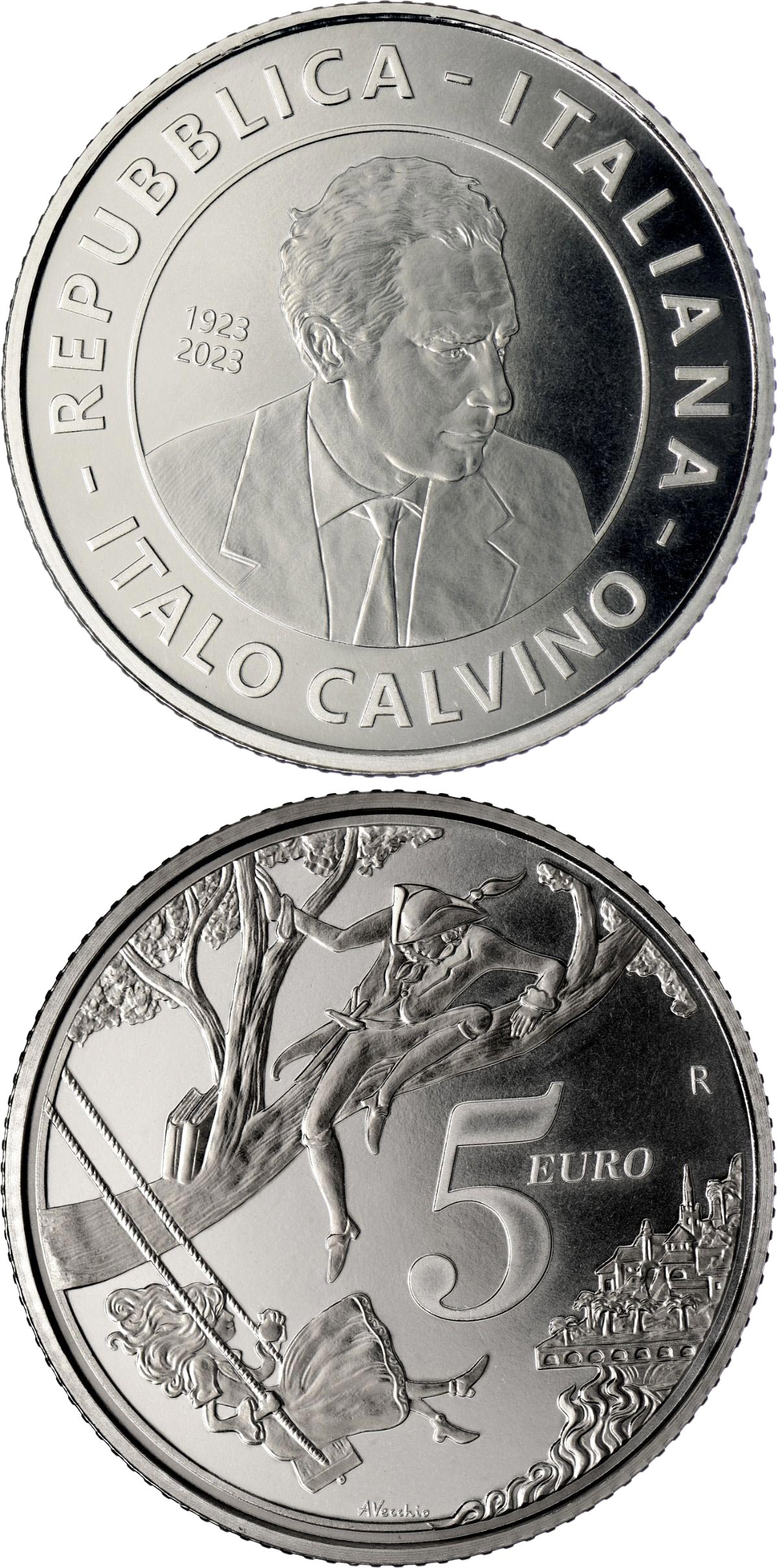 Image of 5 euro coin - 100th Anniversary of the Birth of Italo Calvino | Italy 2023.  The Silver coin is of BU quality.