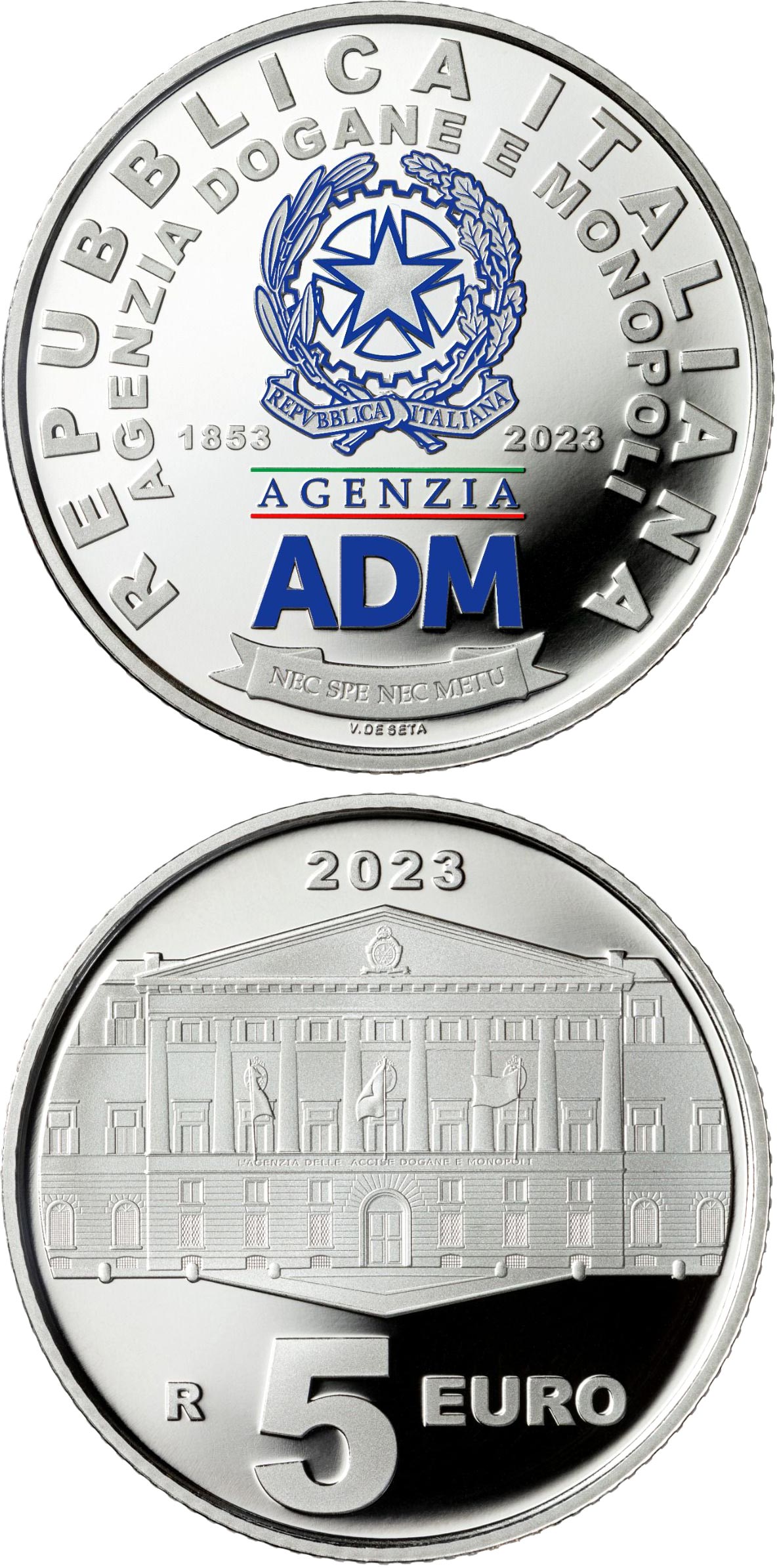 Image of 5 euro coin - 100th Anniversary of the Foundation of CMA | Italy 2023.  The Silver coin is of Proof quality.