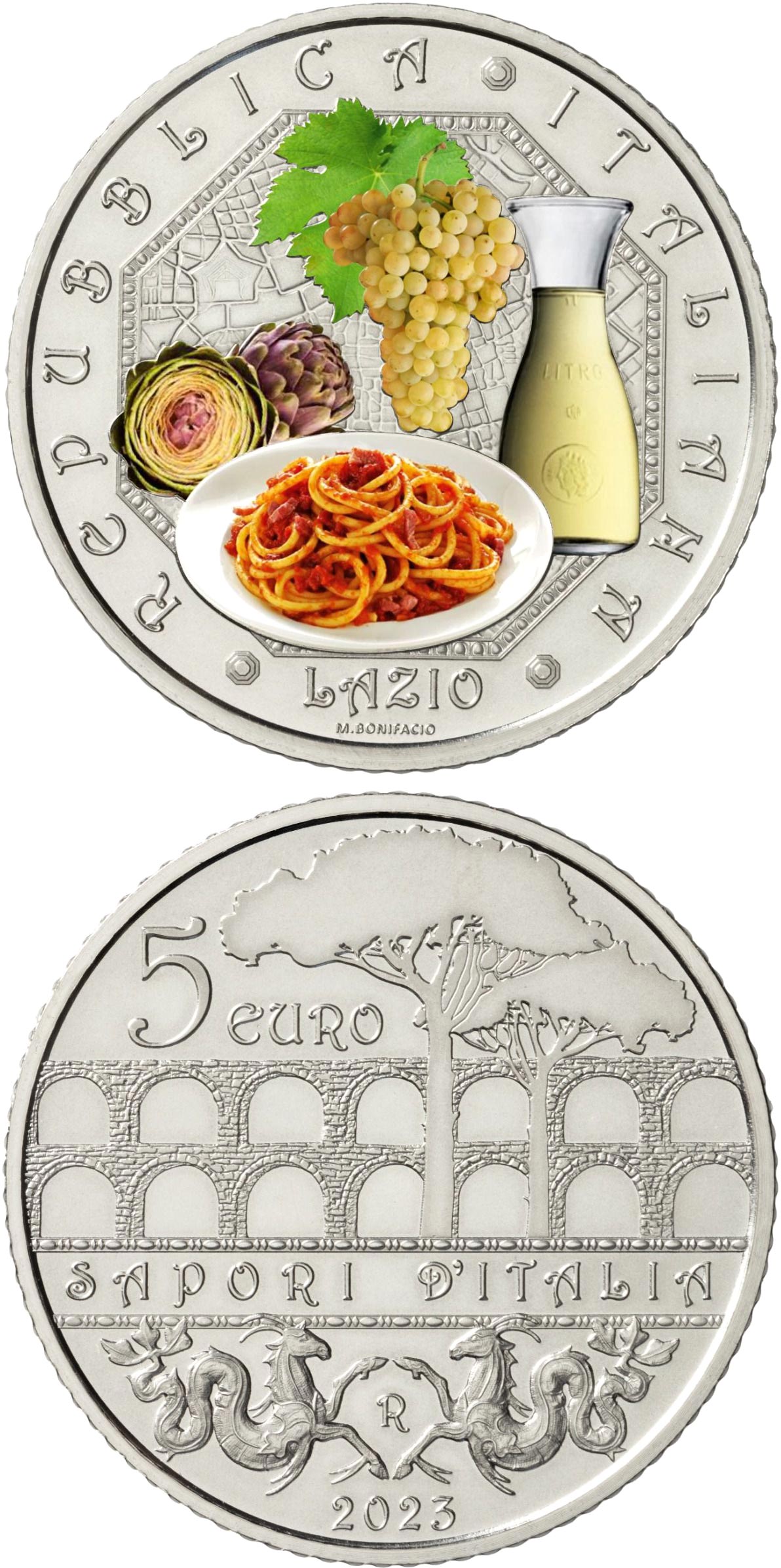 Image of 5 euro coin - Frascati and Amatriciana | Italy 2023.  The Copper–Nickel (CuNi) coin is of BU quality.