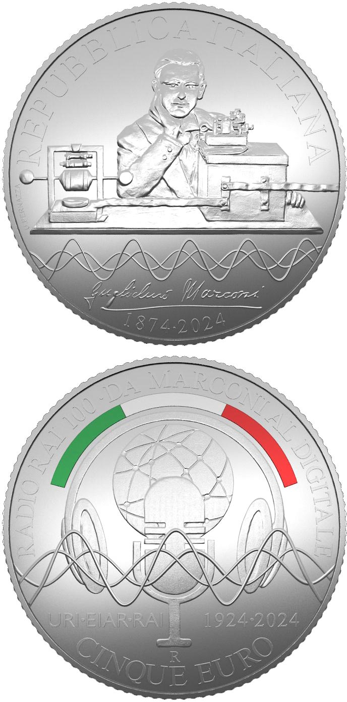 Image of 5 euro coin - 150th Anniversary of the birth of Guglielmo Marconi and 100 years since the first radio broadcast in Italy | Italy 2024.  The Silver coin is of BU quality.
