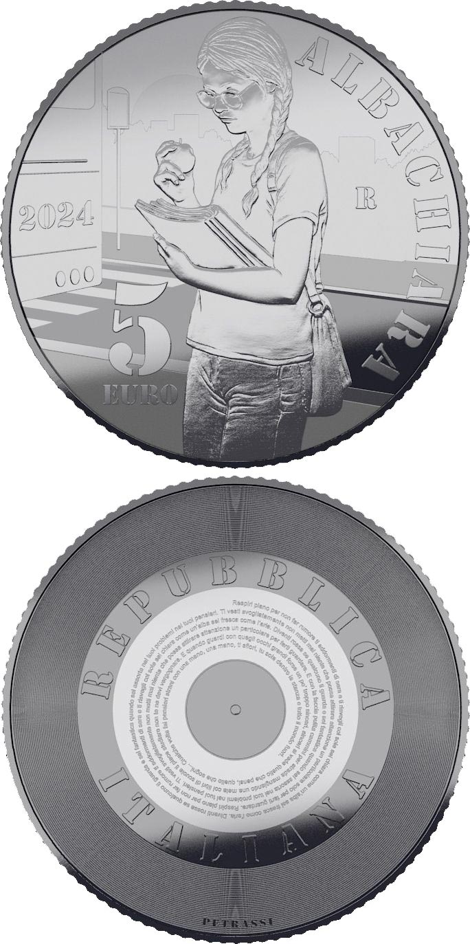 Image of 5 euro coin - Italian songs - Albachiara | Italy 2024.  The Silver coin is of BU quality.
