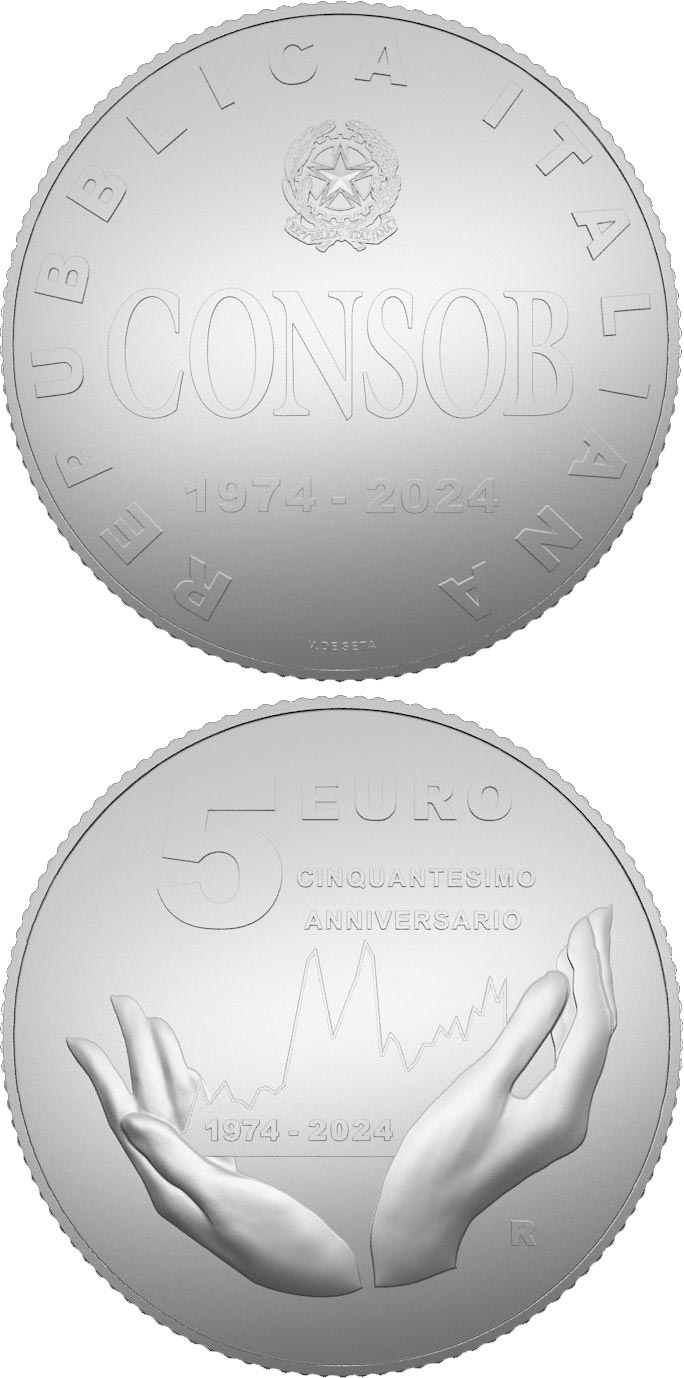 Image of 5 euro coin - 50th Anniversary of the establishment of CONSOB | Italy 2024.  The Silver coin is of Proof quality.