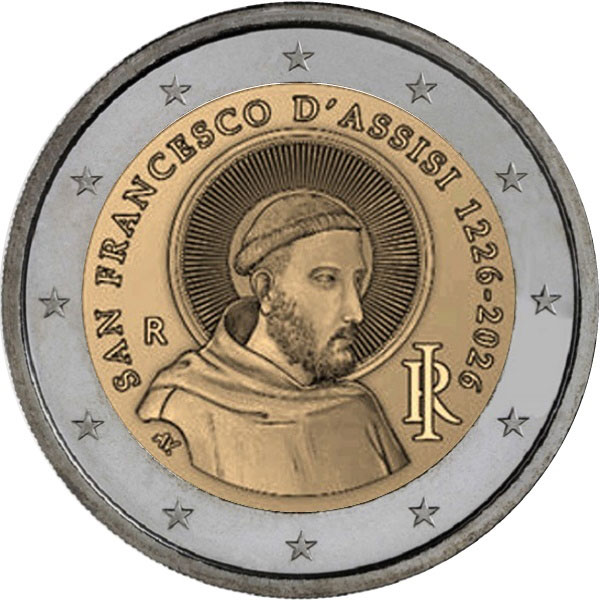 Image of 2 euro coin - 800th anniversary of the death of Saint Francis of Assisi | Italy 2026