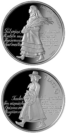 Image of 1 lats coin - Song Festival | Latvia 2008.  The Silver coin is of Proof quality.