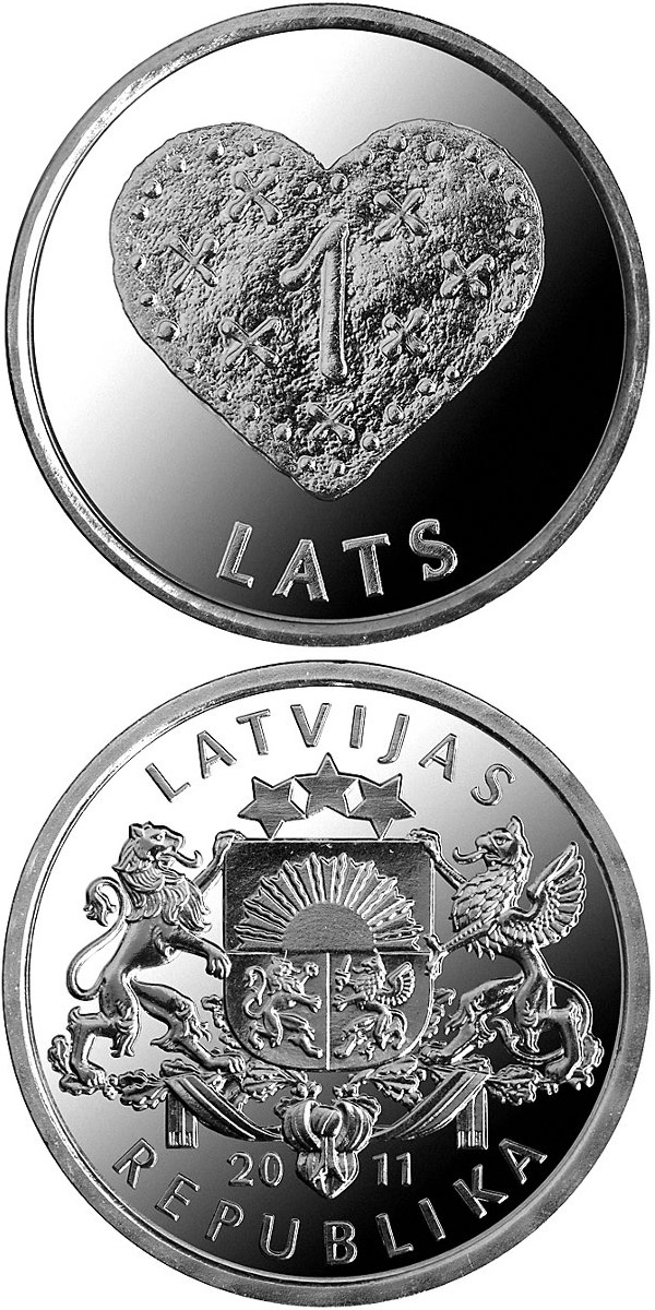 Image of 1 lats coin - Gingerbread heart | Latvia 2011.  The Copper–Nickel (CuNi) coin is of UNC quality.