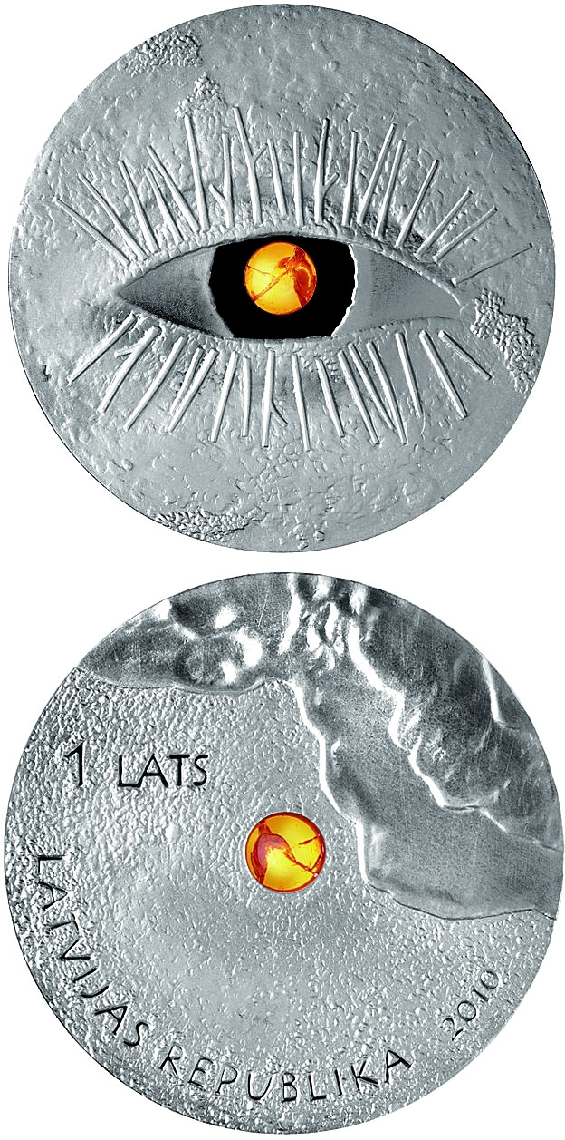 Image of 1 lats coin - Amber Coin | Latvia 2010.  The Silver coin is of Proof quality.