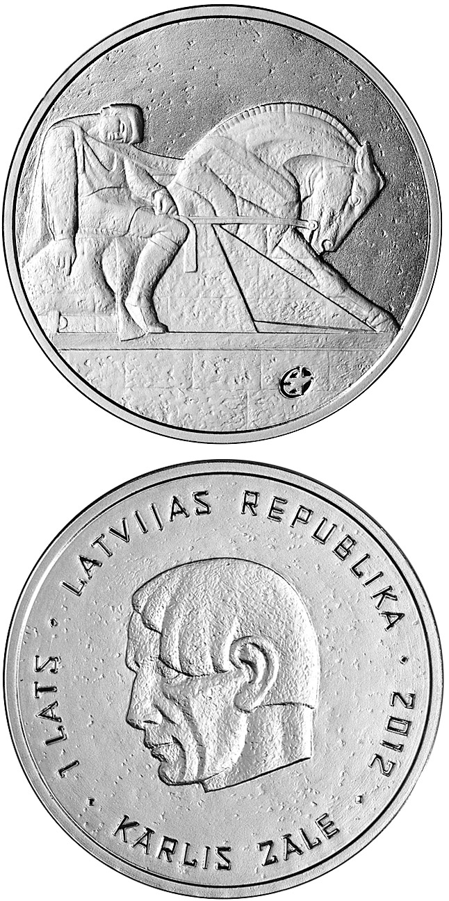 Image of 1 lats coin - Kārlis Zāle | Latvia 2012.  The Silver coin is of Proof quality.