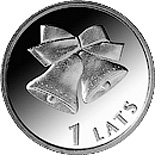 Image of 1 lats coin - Christmas bells | Latvia 2012.  The Copper–Nickel (CuNi) coin is of UNC quality.