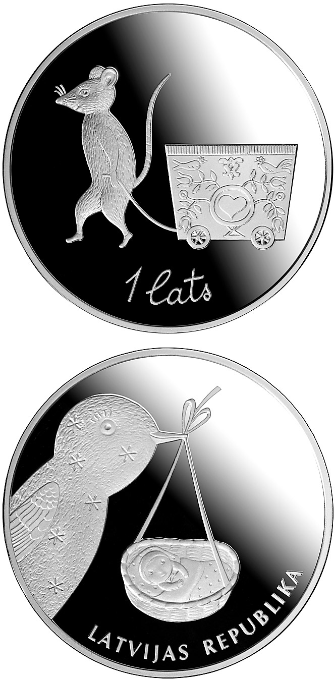 Image of 1 lats coin - Baby coin | Latvia 2013.  The Silver coin is of Proof quality.