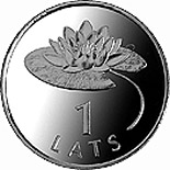 Image of 1 lats coin - Waterlily | Latvia 2008.  The Copper–Nickel (CuNi) coin is of UNC quality.