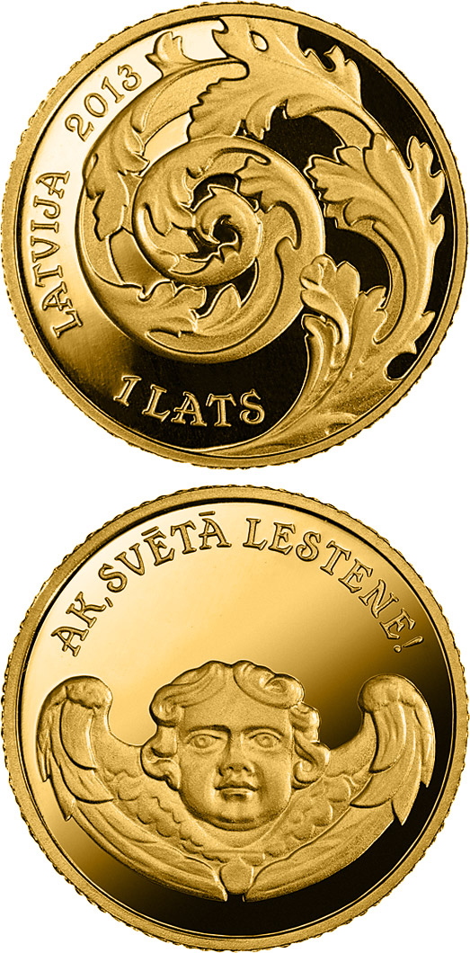 Image of 1 lats coin - Oh, holy Lestene! | Latvia 2013.  The Gold coin is of Proof quality.